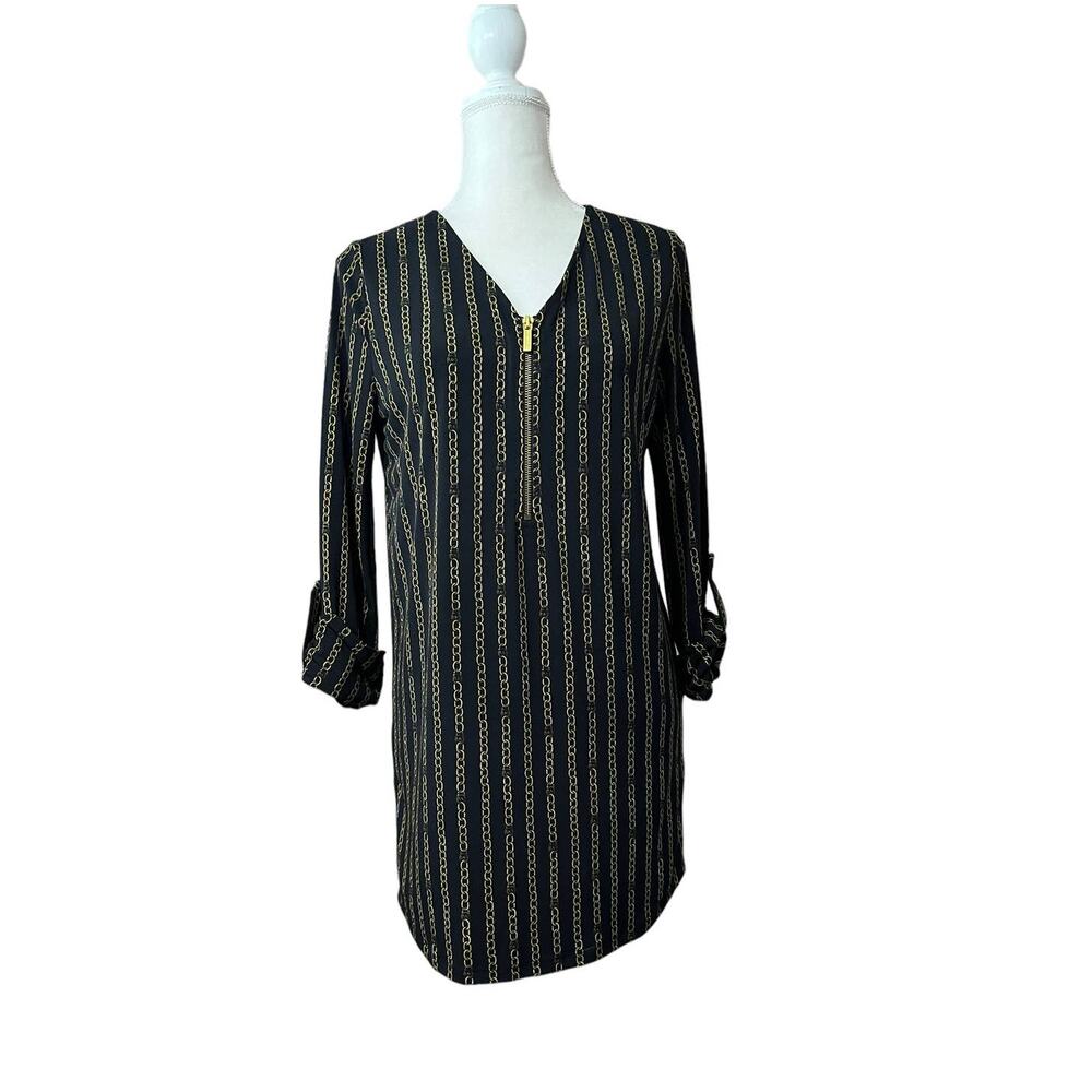 Michael Kors Women V Neck zip front Sheath Dress chain print Cotton Sz M
